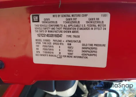 2002 GMC Sonoma Sls z USA, uszkodzony, nr VIN 1GTCS145328160347